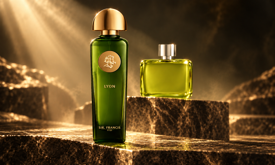LYON perfume bottle in front of a smaller green fragrance bottle on a stone display with warm golden lighting.