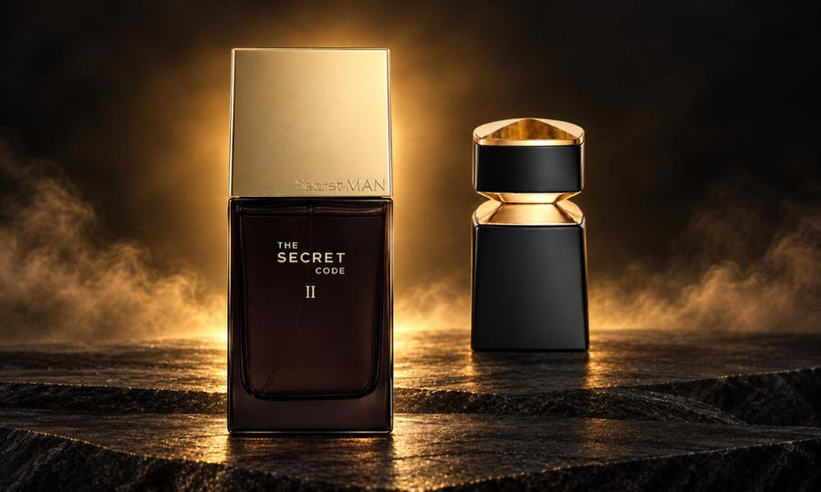 The Secret Code II perfume inspired by Bvlgari Le Gemme Tygar Extrait in a luxurious golden smoky setting.