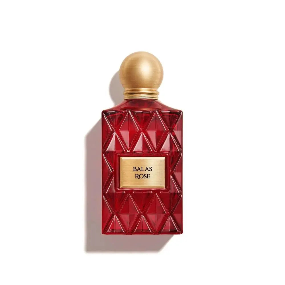 Balas Rose perfume bottle with gold cap on a white background