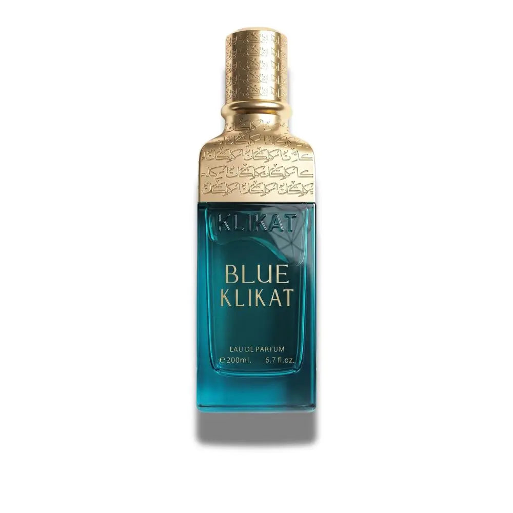 A bottle of KLIKAT Blue Klikat Eau de Parfum, 200ml, featuring a vibrant teal blue glass bottle with a textured gold cap and gold lettering, set against a plain white background with a soft drop shadow.