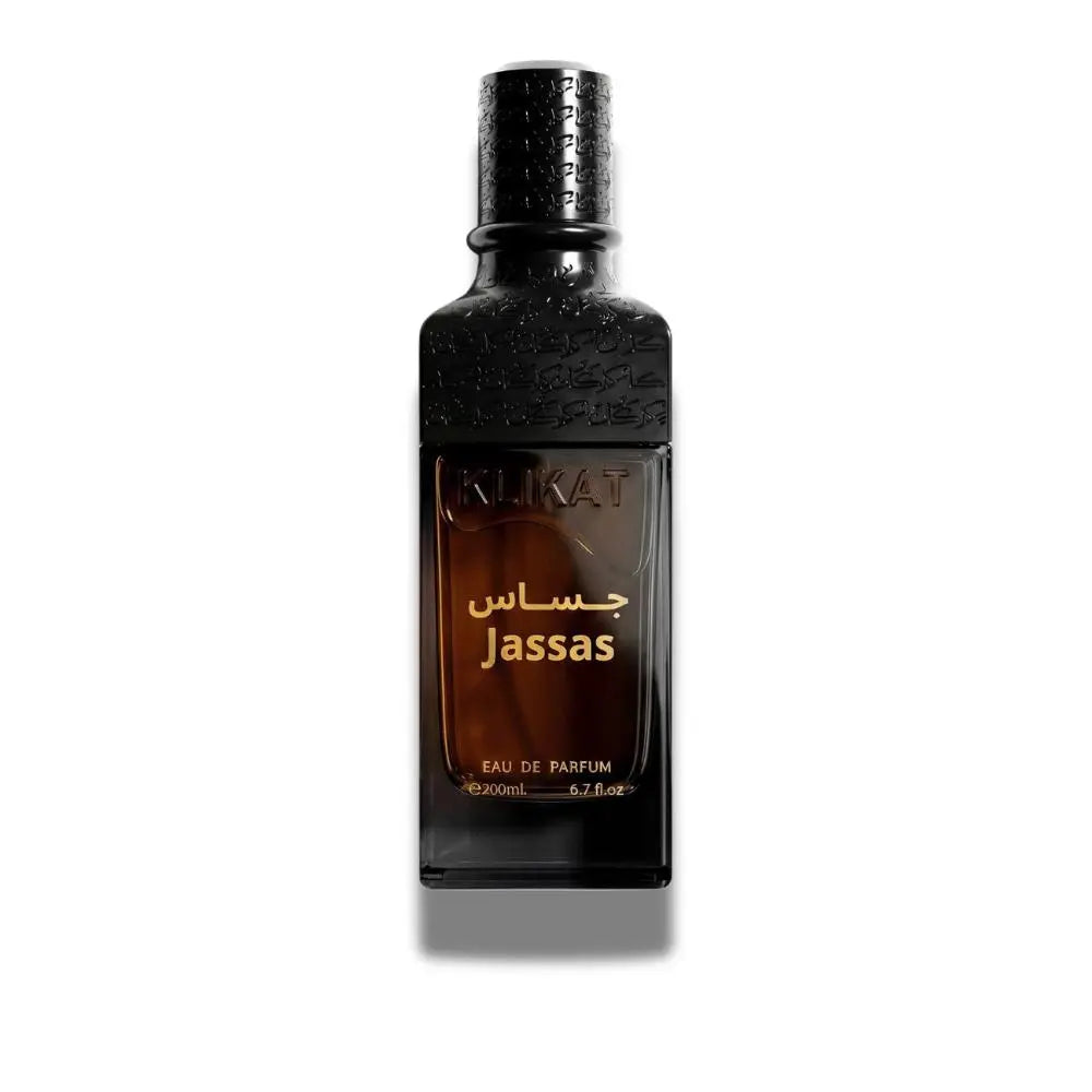 A bottle of KLIKAT Jassas Eau de Parfum, 200ml, featuring a dark amber glass bottle with a textured black cap, set against a plain white background with a soft shadow.
