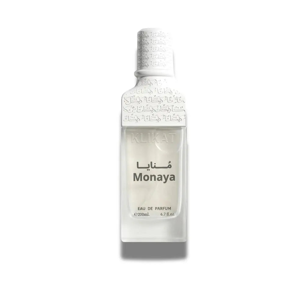 A bottle of KLIKAT Monaya Eau de Parfum, featuring a frosted glass bottle with a textured white cap and label, set against a plain white background.