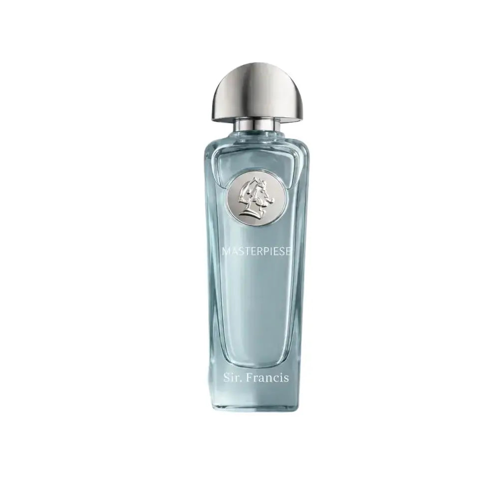 A bottle of Sir Francis Masterpiese Eau de Toilette perfume, featuring a light blue glass bottle with a metallic silver cap and a silver crest emblem on the front.