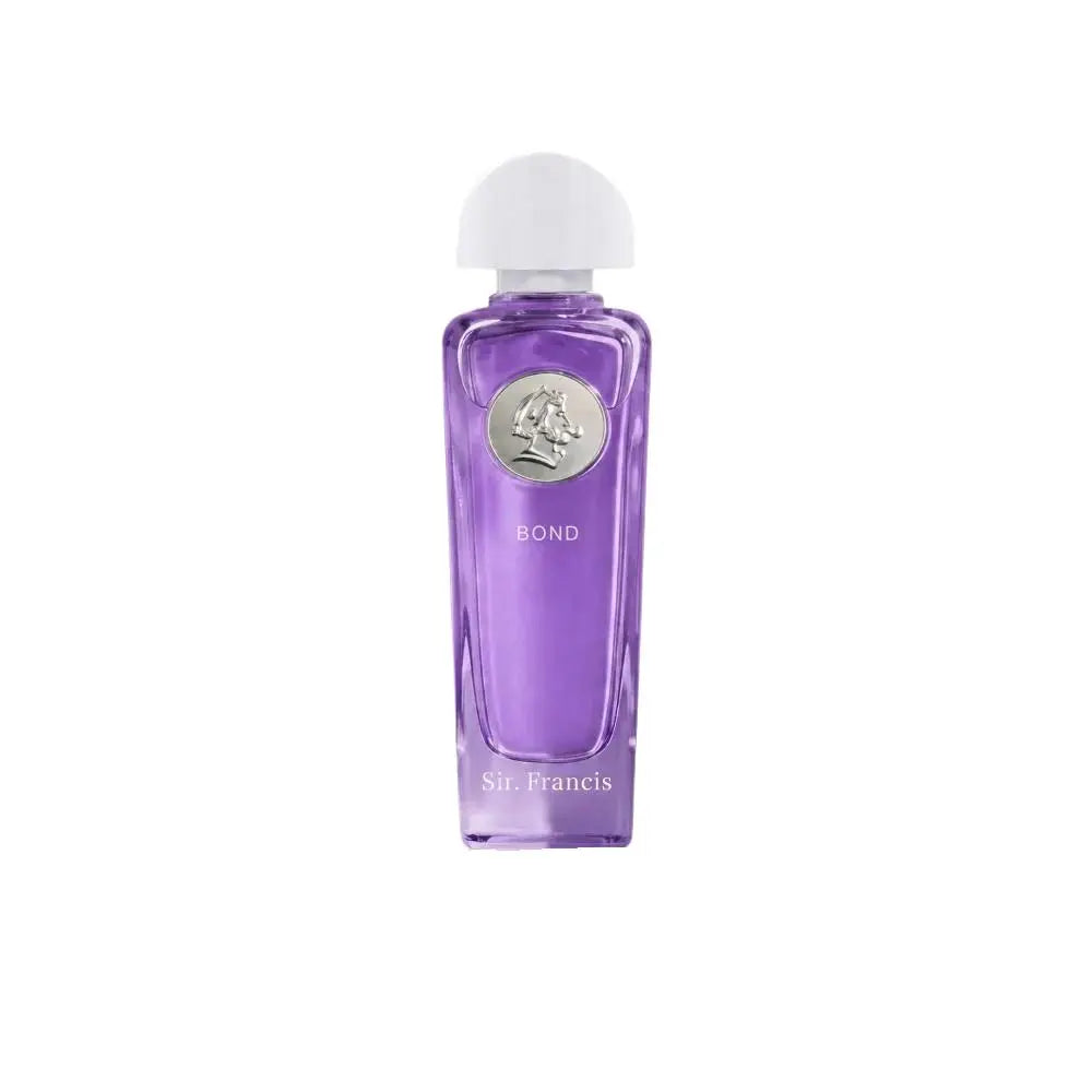 A purple rectangular glass perfume bottle with a white dome-shaped cap, featuring a silver circular emblem with a horse and rider and the text 'BOND' and 'Sir Francis'.