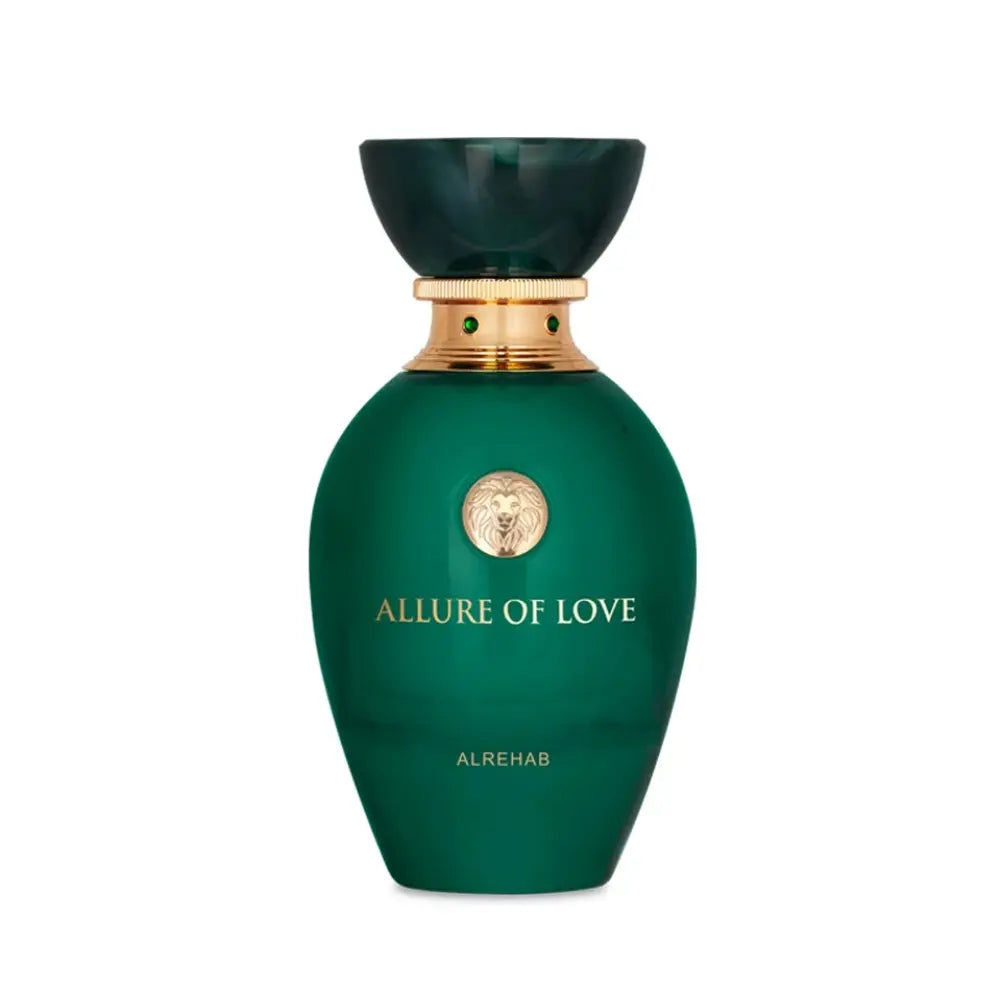 Allure of Love by ALREHAB green perfume bottle on white background