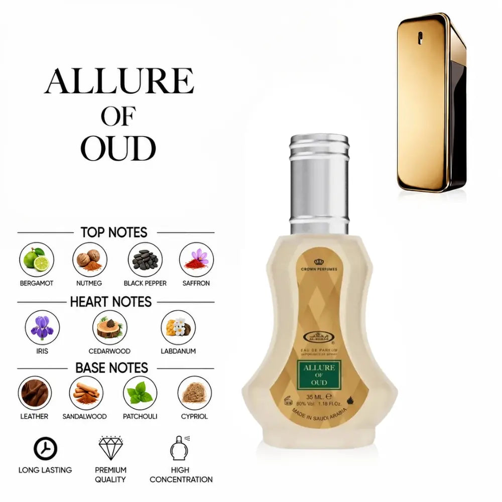 Allure of Oud by ALREHAB with bergamot, saffron, iris, leather and sandalwood