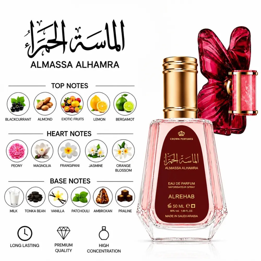 Almassa Alhamra perfume with fruity, floral, vanilla, praline and patchouli notes
