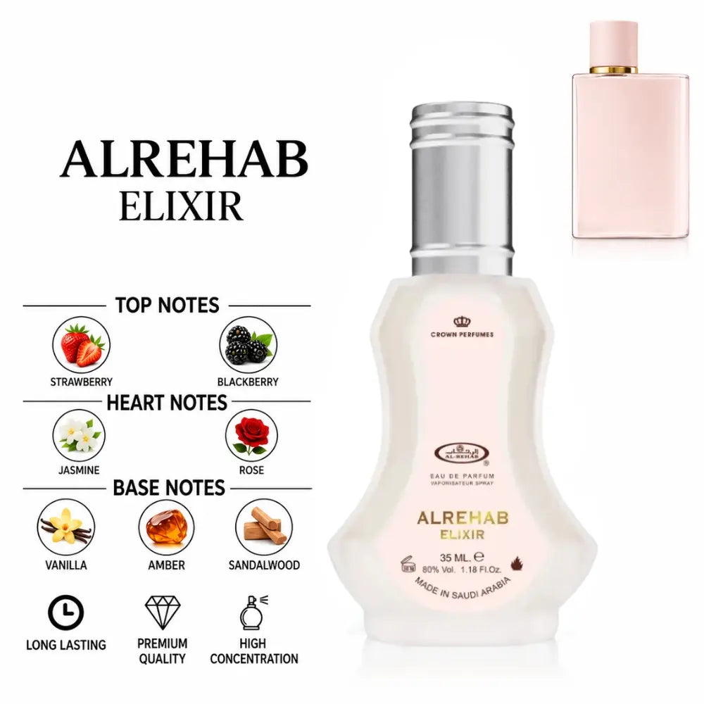 Alrehab Elixir Perfume with Strawberry, Blackberry, Jasmine, Rose, Vanilla, Amber and Sandalwood Notes