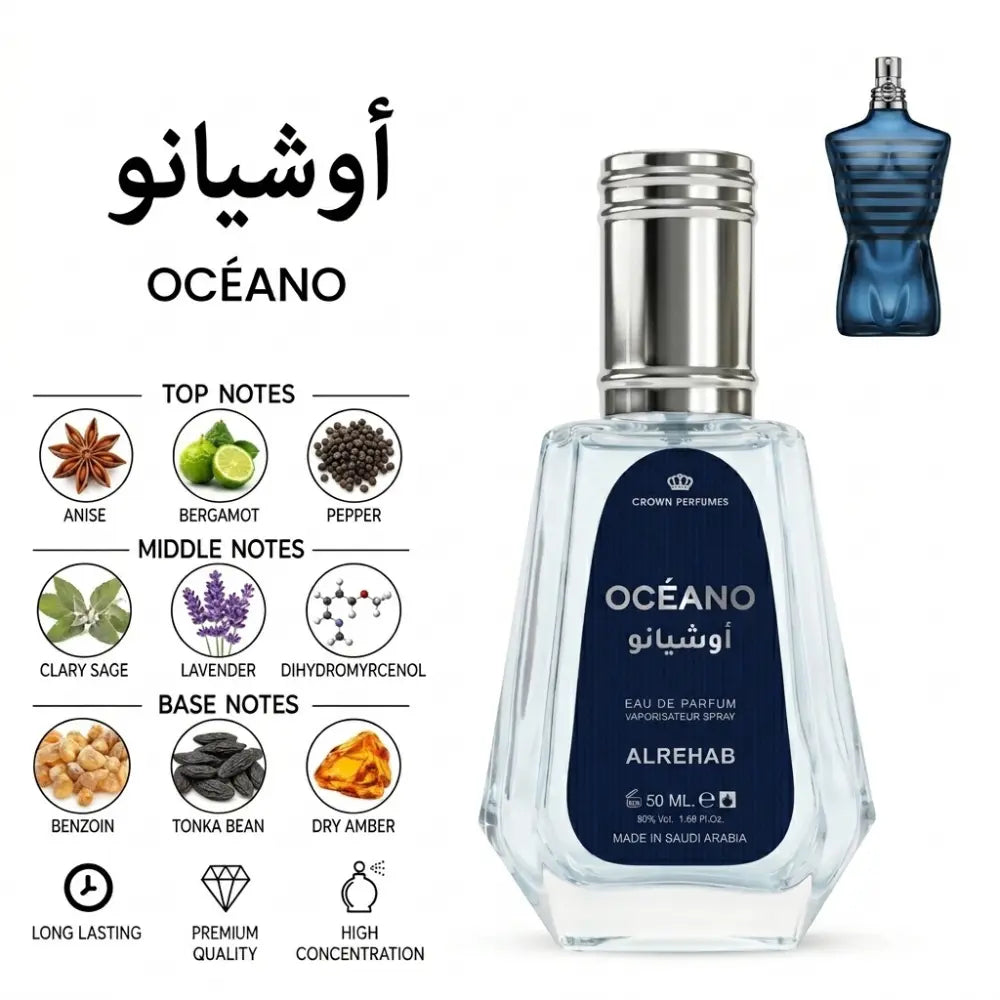 Alrehab Océano Eau de Parfum 50ml bottle by Crown Perfumes, featuring a clear glass bottle with a dark blue label and silver cap, alongside a blue perfume bottle graphic, Arabic text, and fragrance notes.