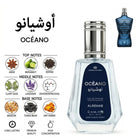 Alrehab Océano Eau de Parfum 50ml bottle by Crown Perfumes, featuring a clear glass bottle with a dark blue label and silver cap, alongside a blue perfume bottle graphic, Arabic text, and fragrance notes.