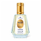 A 50ml bottle of Alrehab Prestige Eau De Parfum by Crown Perfumes, featuring a clear glass bottle with pale yellow liquid, a gold cap, and a white label with gold and blue text, set against a plain white background.