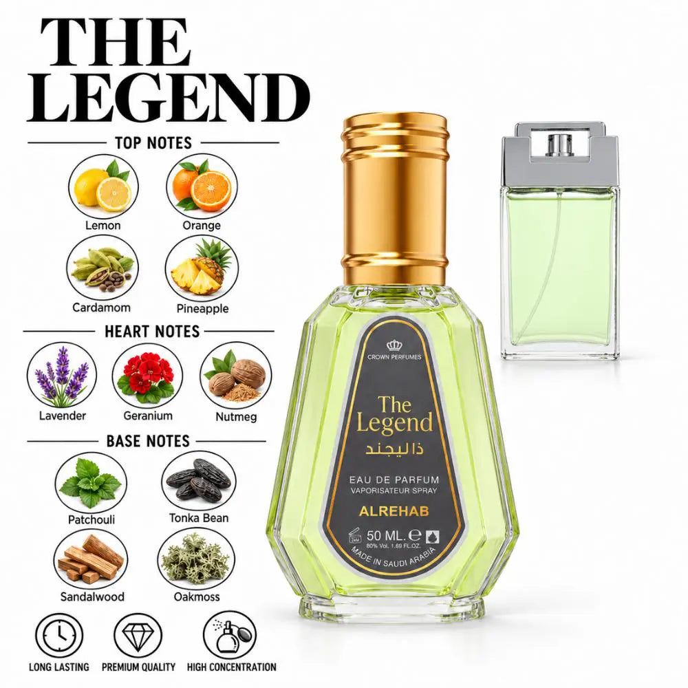 Alrehab 'The Legend' Eau de Parfum 50ml bottle with a gold cap and light green liquid, shown alongside a smaller view of the bottle and a detailed scent notes graphic on a white background.