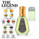 Alrehab 'The Legend' Eau de Parfum 50ml bottle with a gold cap and light green liquid, shown alongside a smaller view of the bottle and a detailed scent notes graphic on a white background.