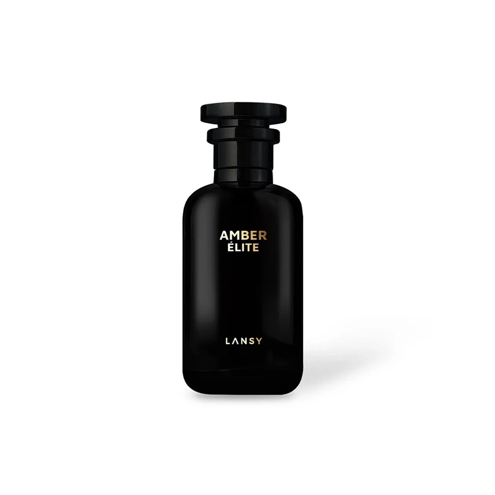 Amber Élite perfume bottle by LANSY in glossy black on white background