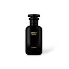 Amber Élite perfume bottle by LANSY in glossy black on white background
