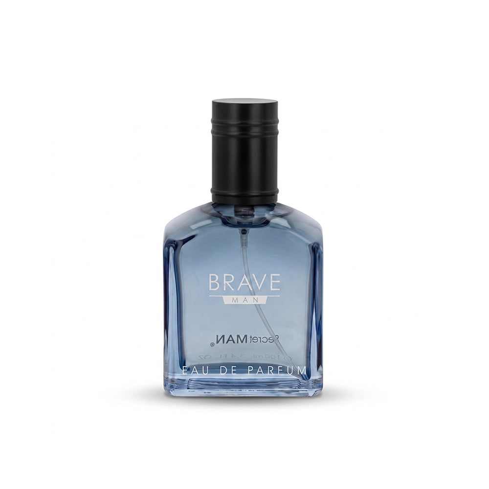 Brave Man blue men’s perfume bottle on white background