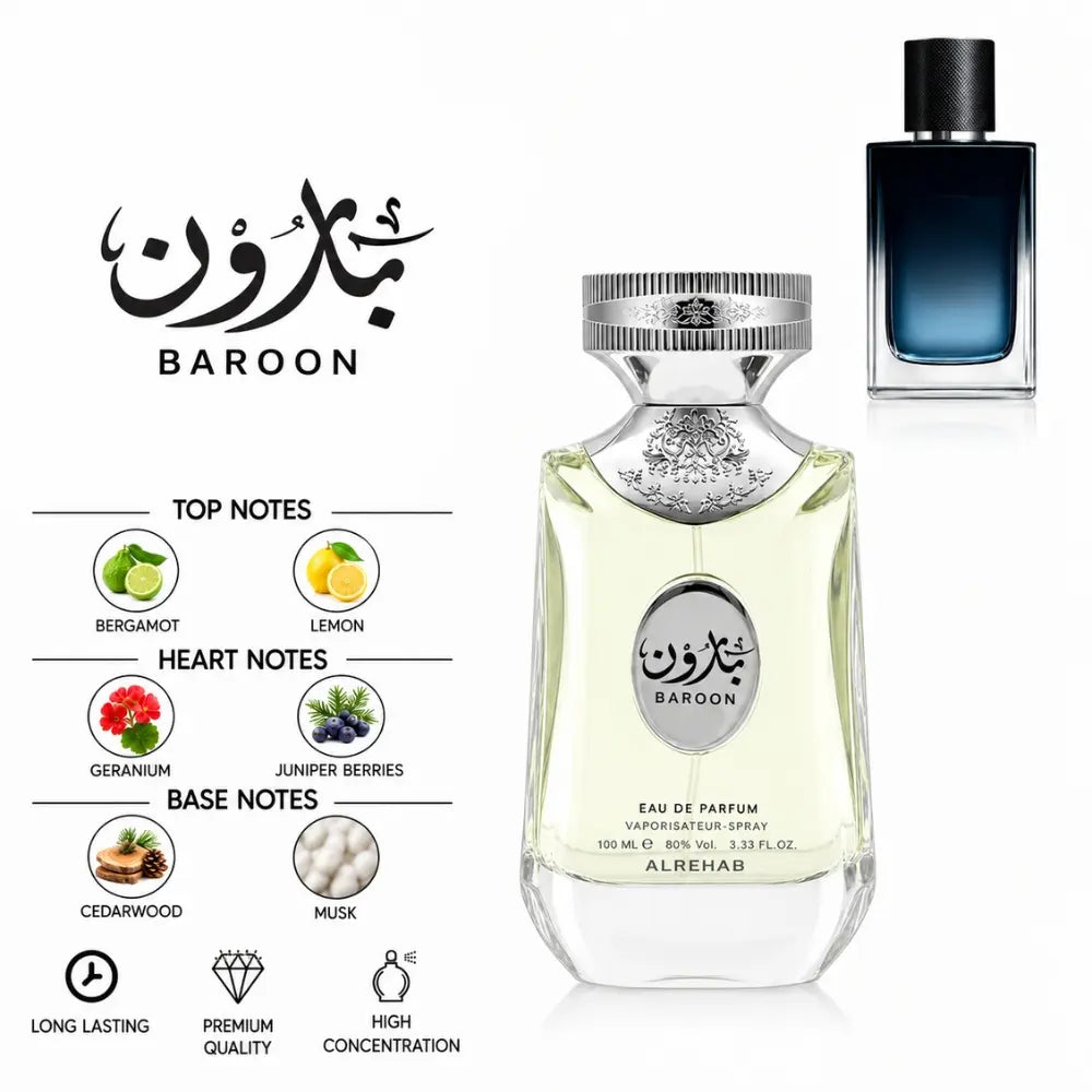 Baroon Perfume by ALREHAB with Bergamot, Lemon, Geranium, Juniper Berries, Cedarwood and Musk Notes