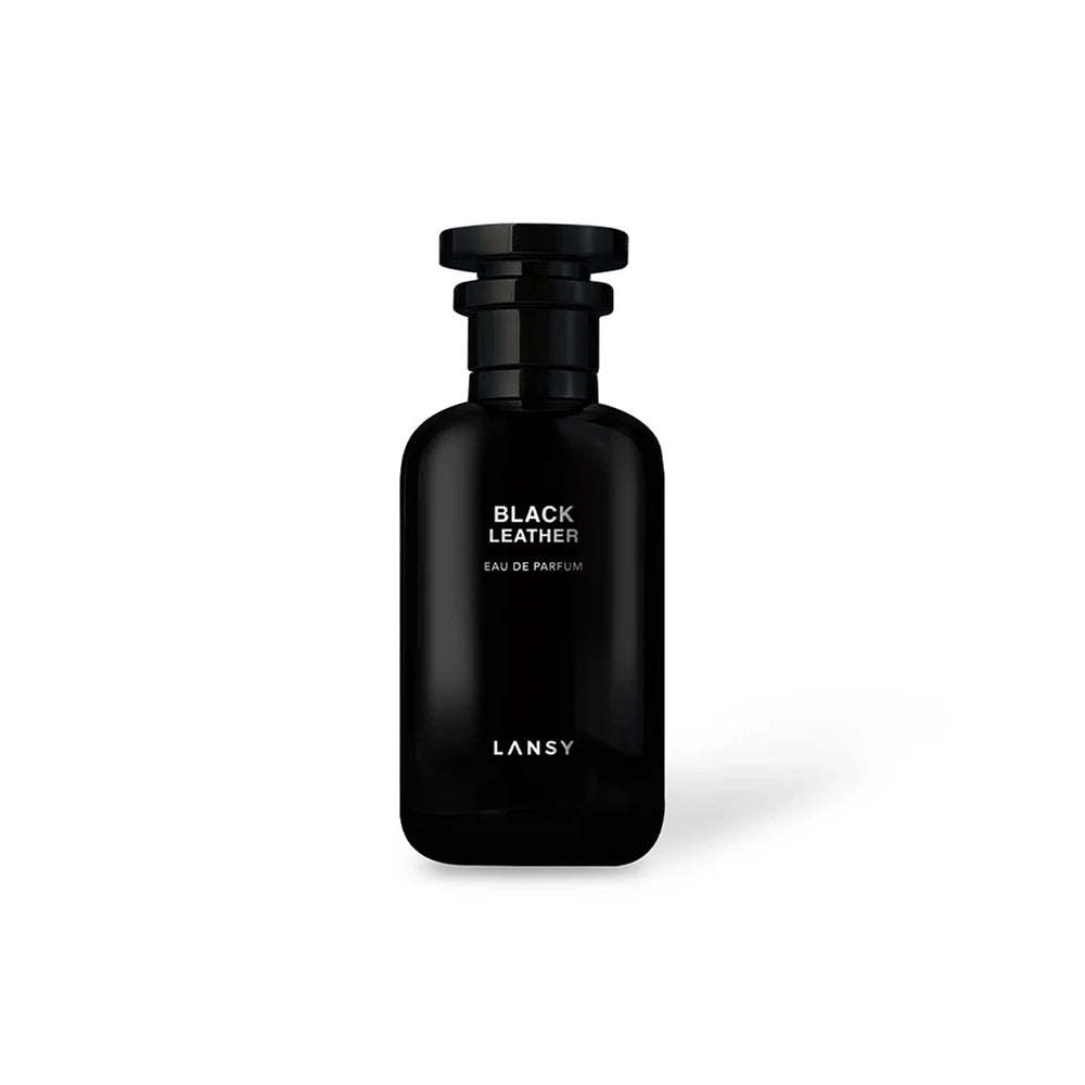 Black Leather perfume by LANSY in black bottle on white background