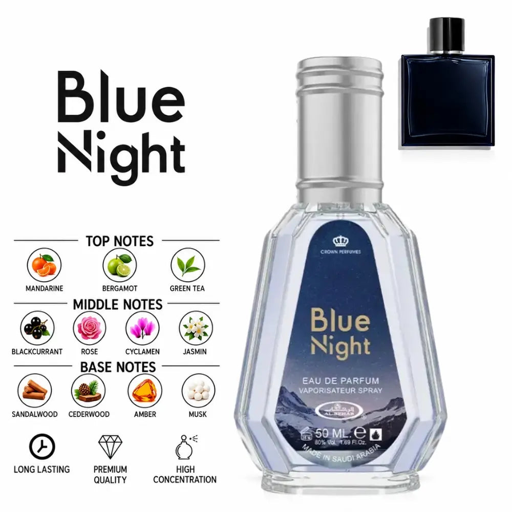 Blue Night Perfume by ALREHAB with Mandarin, Bergamot, Green Tea, Rose, Jasmine, Sandalwood, Amber and Musk Notes