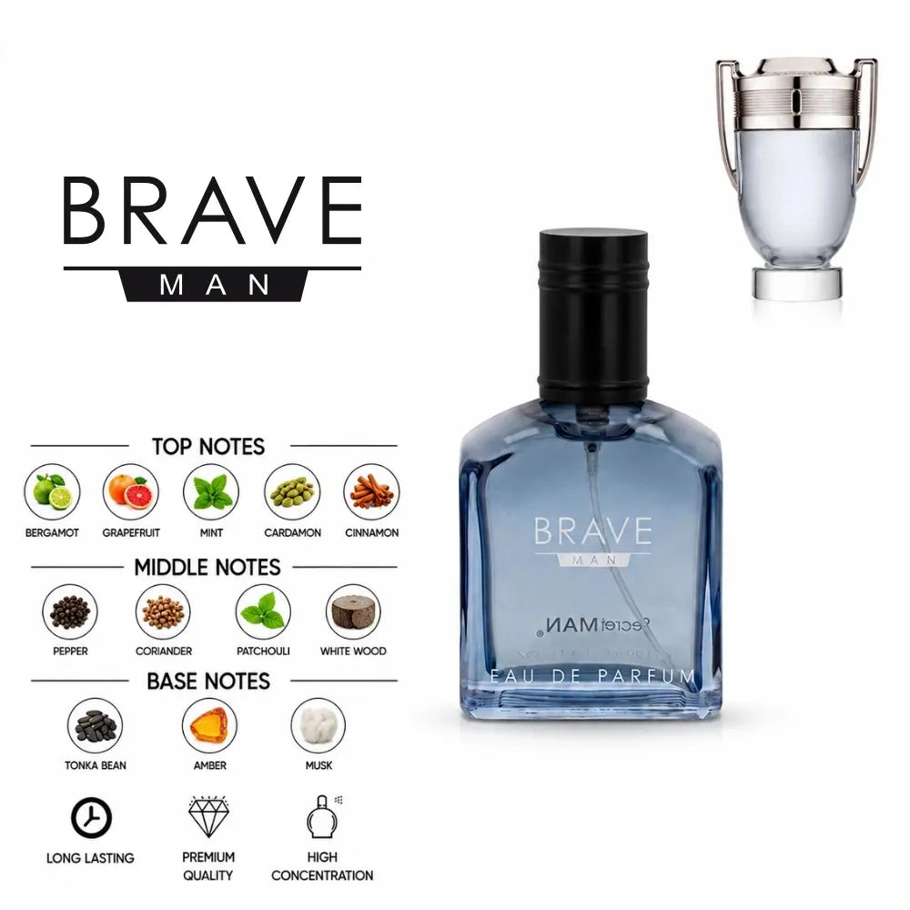 Brave Man men’s perfume with bergamot, mint, spices, amber and musk