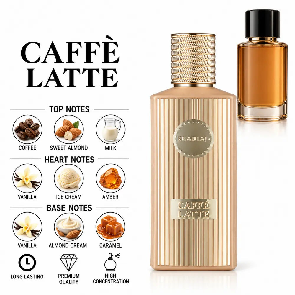 Caffe Latte Khadlaj perfume with notes and an unbranded Amore Caffè comparison bottle
