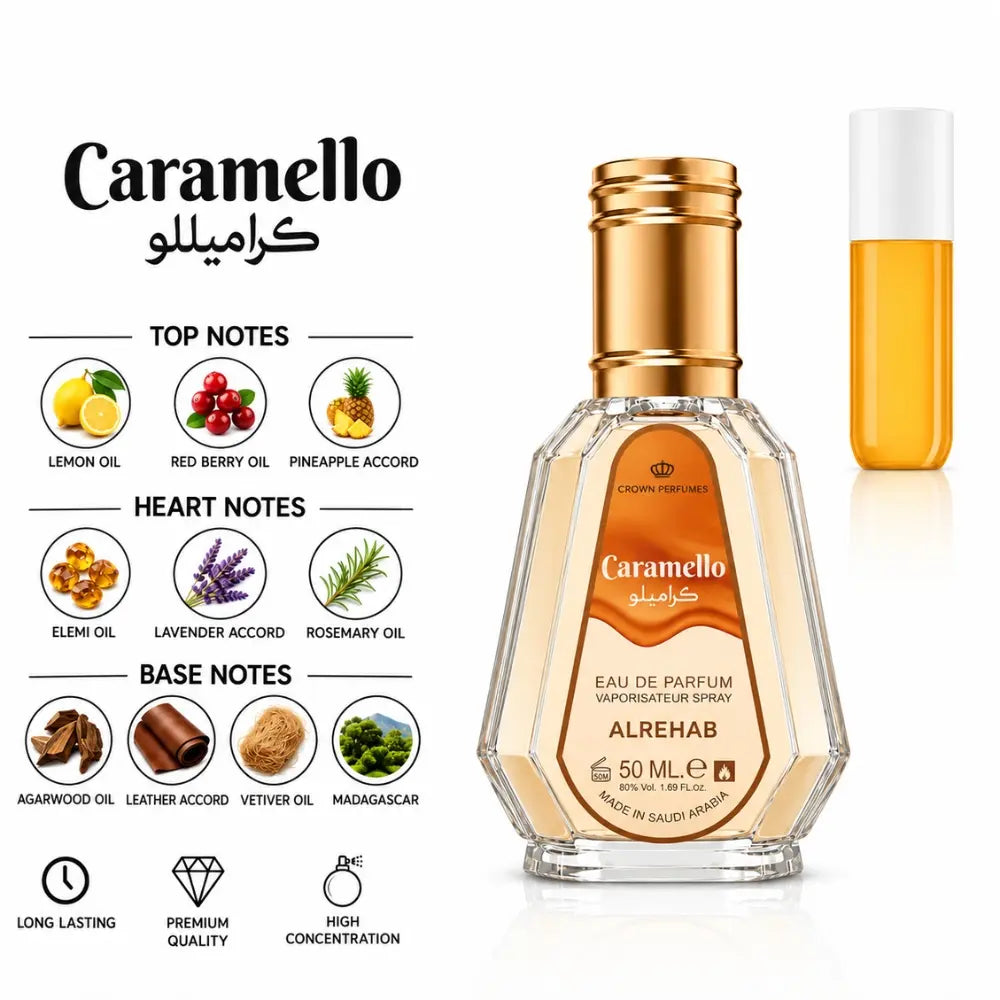 Caramello 50 ml Eau de Parfum by ALREHAB with fragrance notes and scent comparison