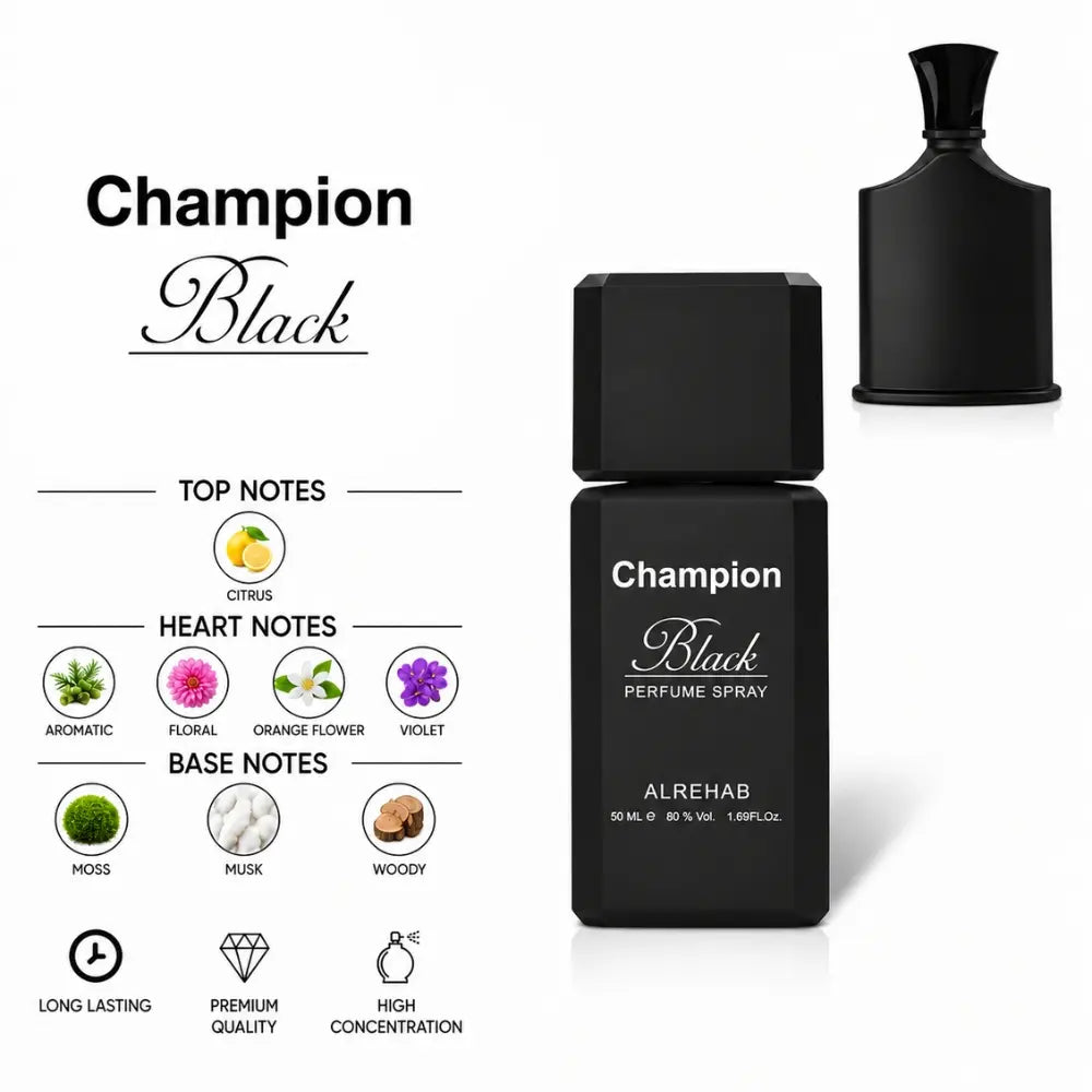Champion Black Perfume by ALREHAB with Citrus, Orange Blossom, Violet, Musk, Moss and Woody Notes
