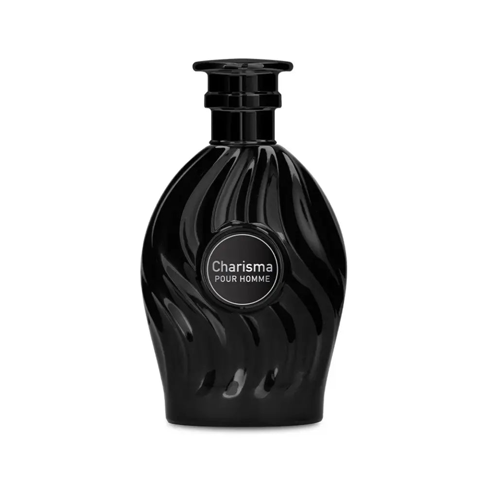 Charisma Pour Homme black perfume bottle on white background