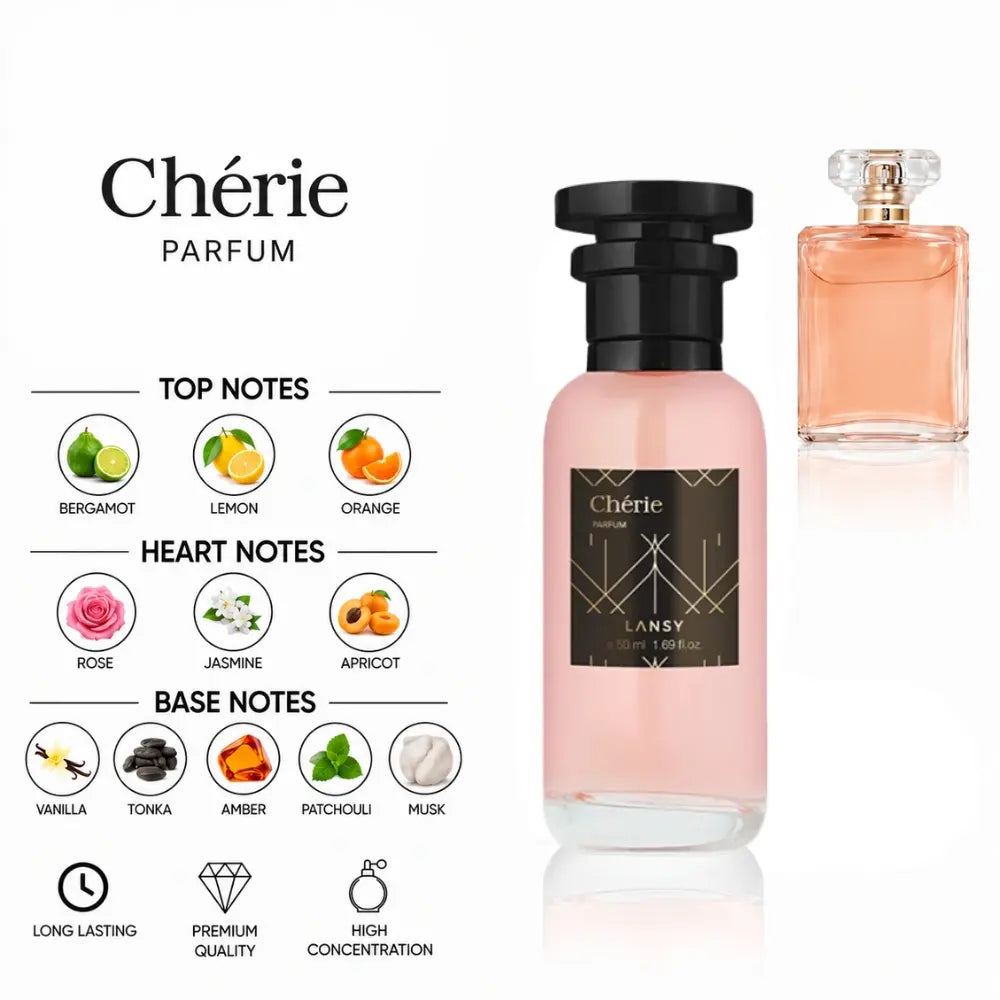 Chérie Parfum by LANSY with Bergamot, Lemon, Orange, Rose, Jasmine, Apricot, Vanilla, Tonka, Amber, Patchouli and Musk