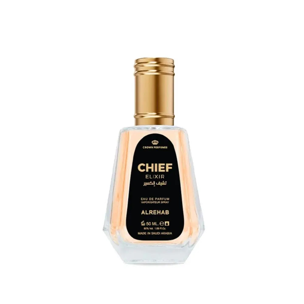 Chief Elixir perfume bottle by ALREHAB with gold cap on white background