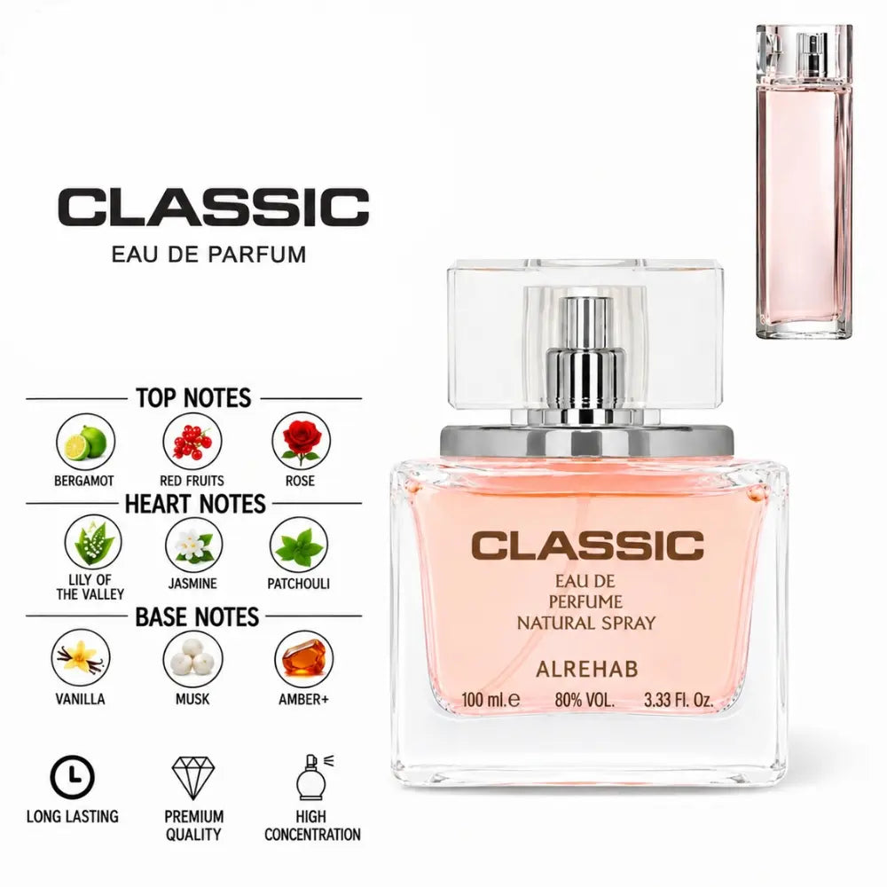 Classic Perfume by ALREHAB with Bergamot, Red Fruits, Rose, Lily of the Valley, Jasmine, Patchouli, Vanilla, Musk and Amber Notes