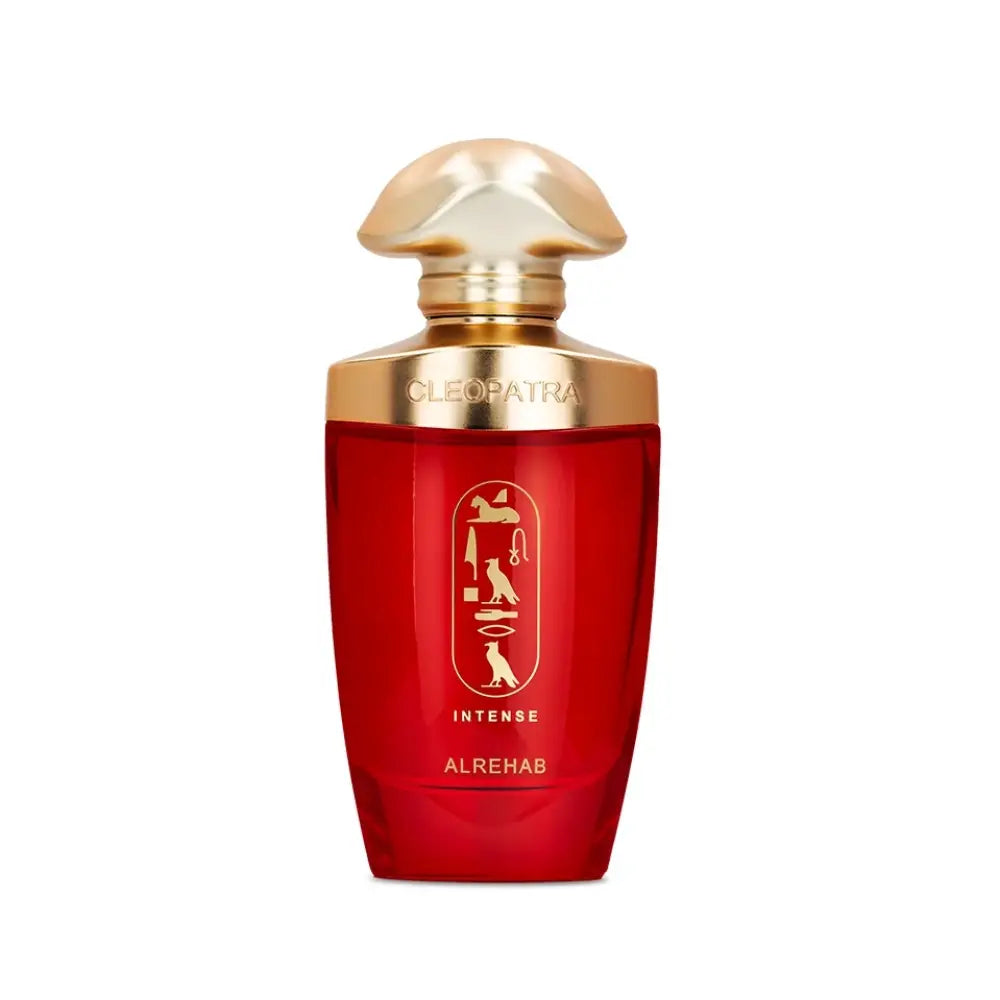 Cleopatra Intense by ALREHAB red perfume bottle on white background
