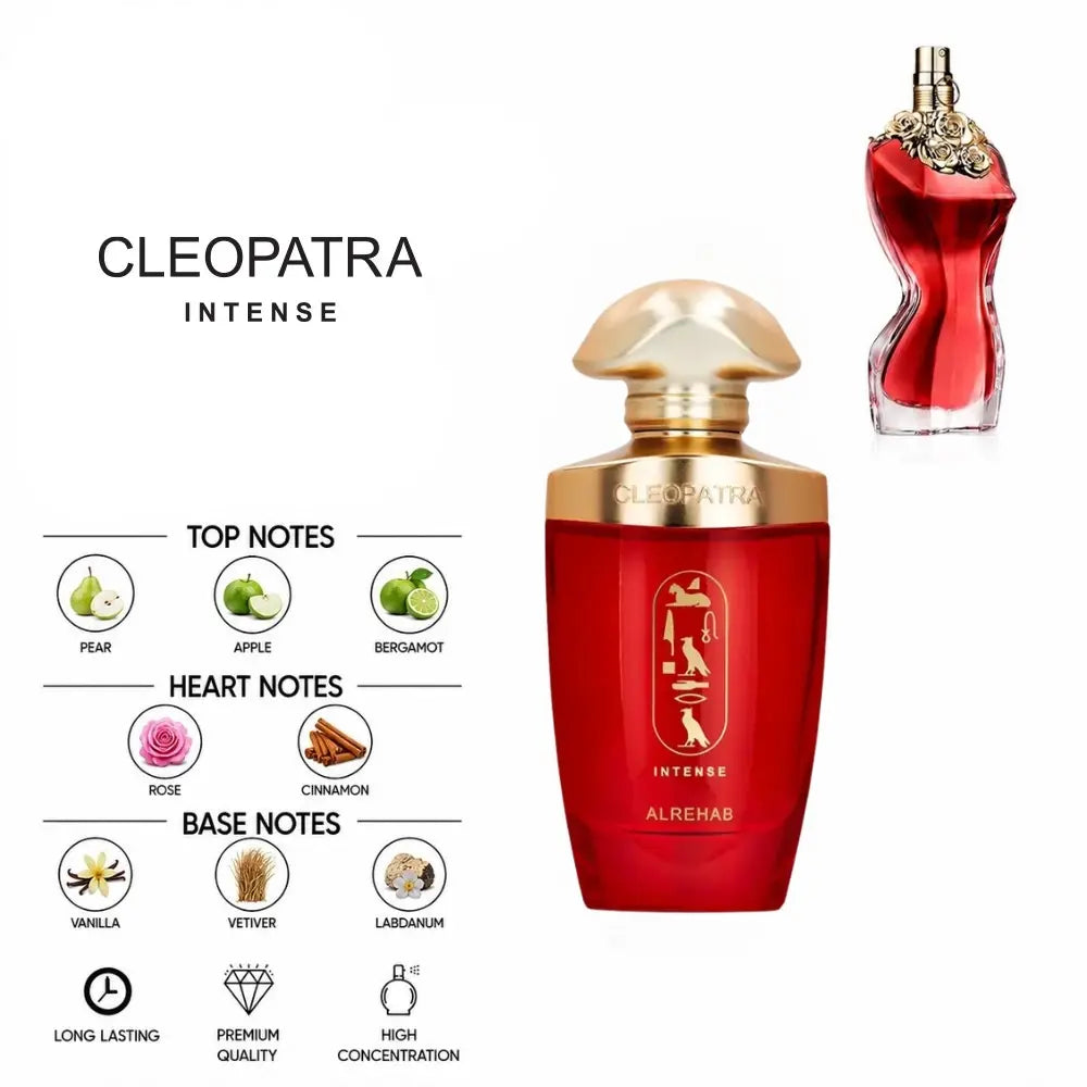 Cleopatra Intense by ALREHAB with pear, apple, bergamot, rose, cinnamon, vanilla, vetiver and labdanum