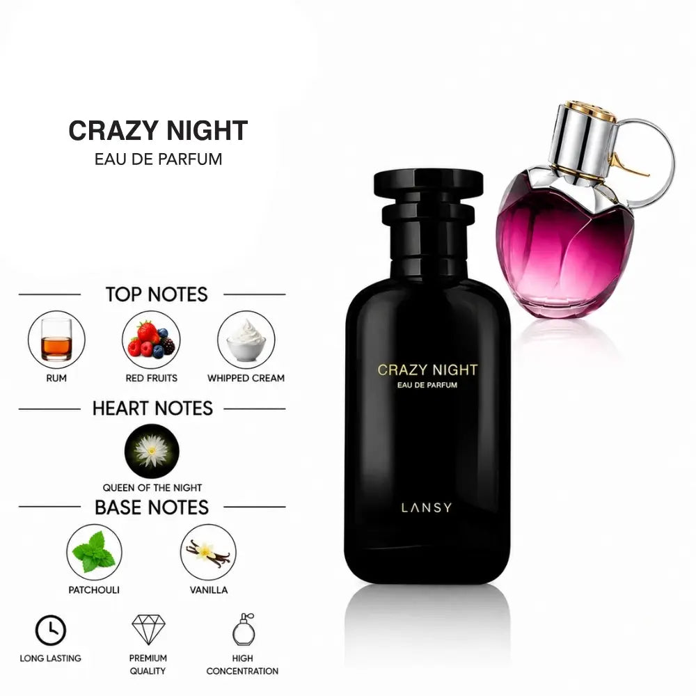 Crazy Night Eau de Parfum by LANSY with Rum, Red Fruits, Whipped Cream, Queen of the Night, Patchouli and Vanilla Notes