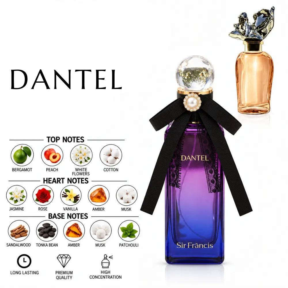 DANTEL Sir Francis perfume bottle with a purple-to-blue gradient body, black ribbon bow, and gold cap, shown on a white background with scent notes and a smaller alternate bottle view.
