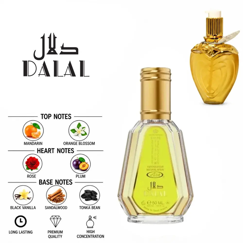 Dalal Perfume by ALREHAB with Mandarin, Orange Blossom, Rose, Plum, Black Vanilla, Sandalwood and Tonka Bean Notes