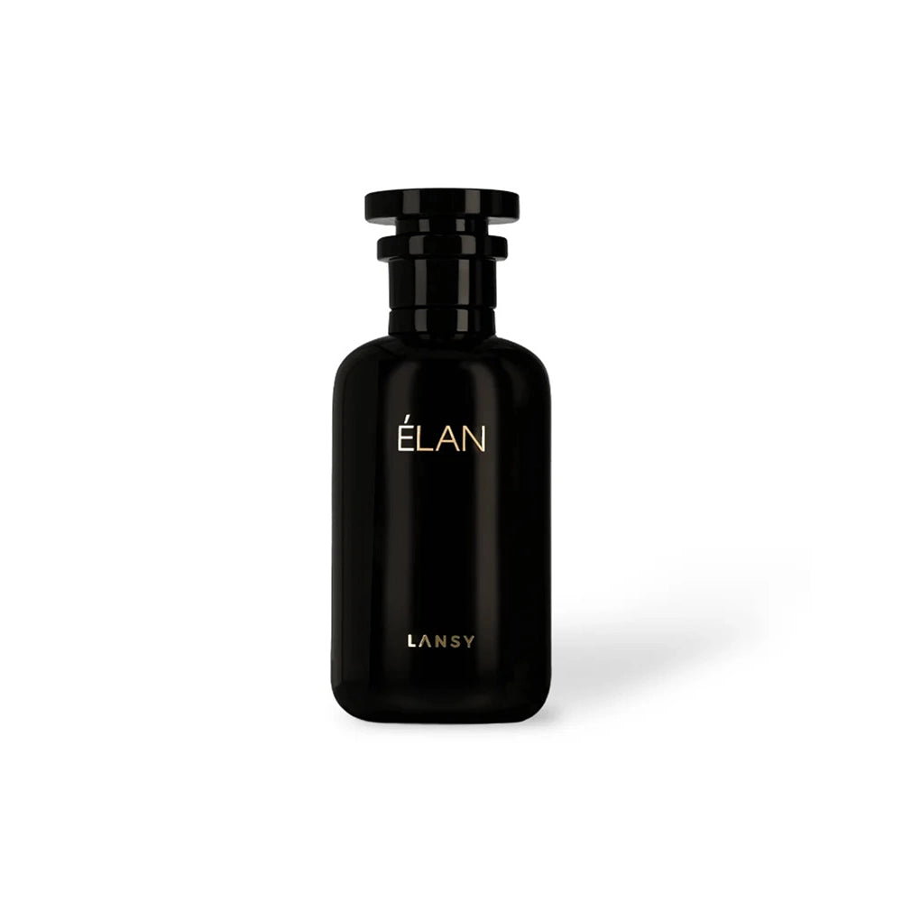 Élan perfume by LANSY in a glossy black bottle on white background