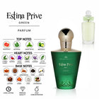 Estina Prive Green Parfum by ALREHAB with Grapefruit, Artemisia, Green Notes, Bergamot, Saffron, Violet, Jasmine, Lavender, Oud, Sandalwood, Tonka, Vanilla, Leather, Amber and Musk Notes