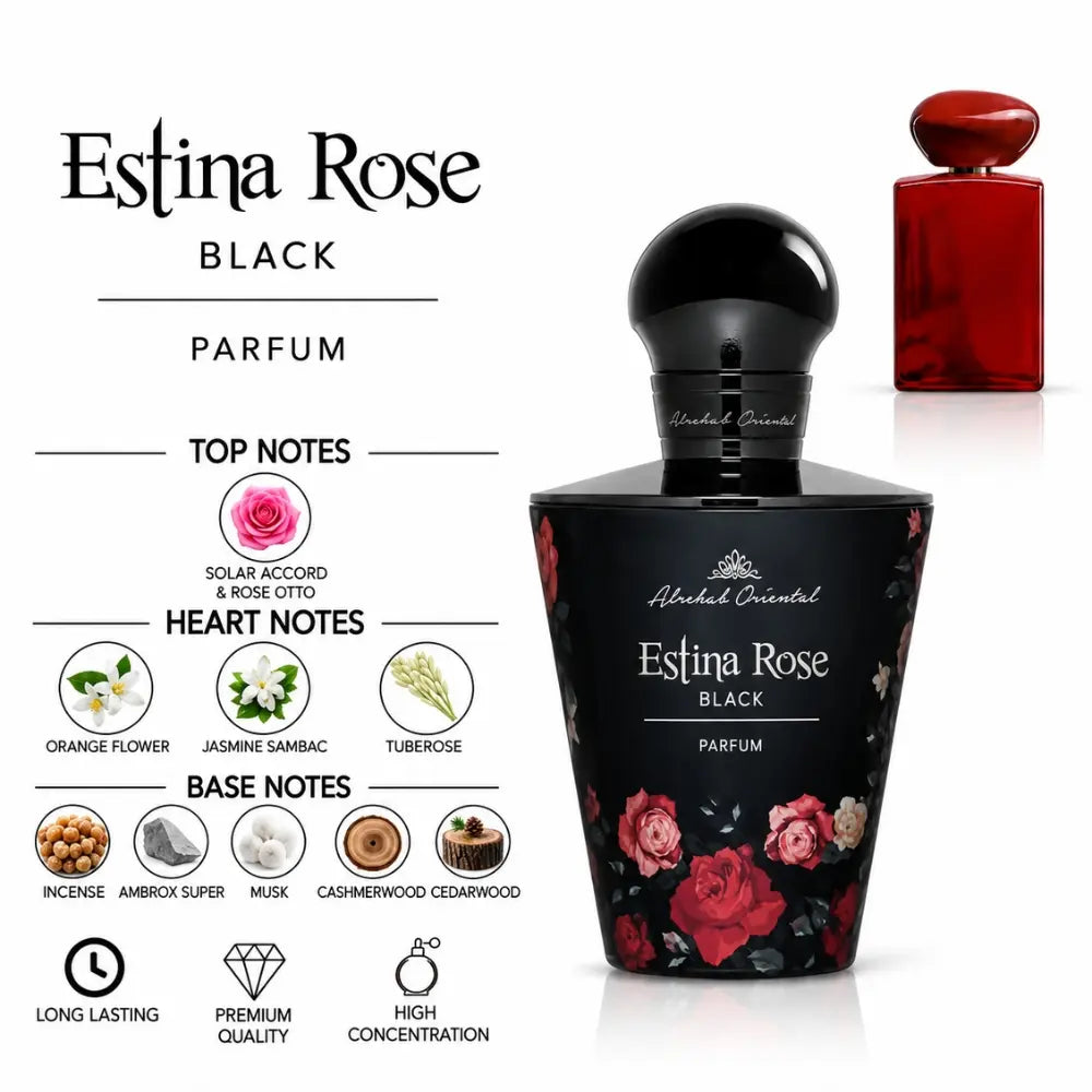 Estina Rose Black Parfum by ALREHAB with Rose, Solar Accord, Orange Flower, Jasmine Sambac, Tuberose, Incense, Ambrox, Musk, Cashmere Wood and Cedarwood Notes