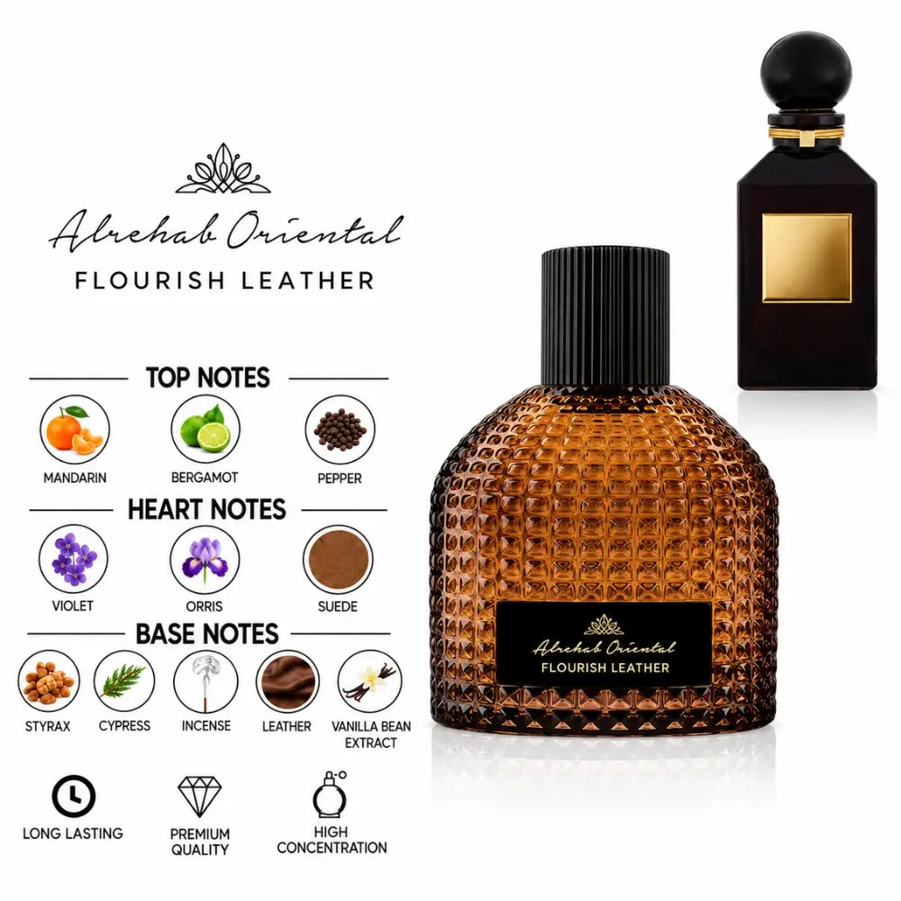 Flourish Leather Parfum by ALREHAB with Mandarin, Bergamot, Pepper, Violet, Orris, Suede, Styrax, Cypress, Incense, Leather and Vanilla Notes