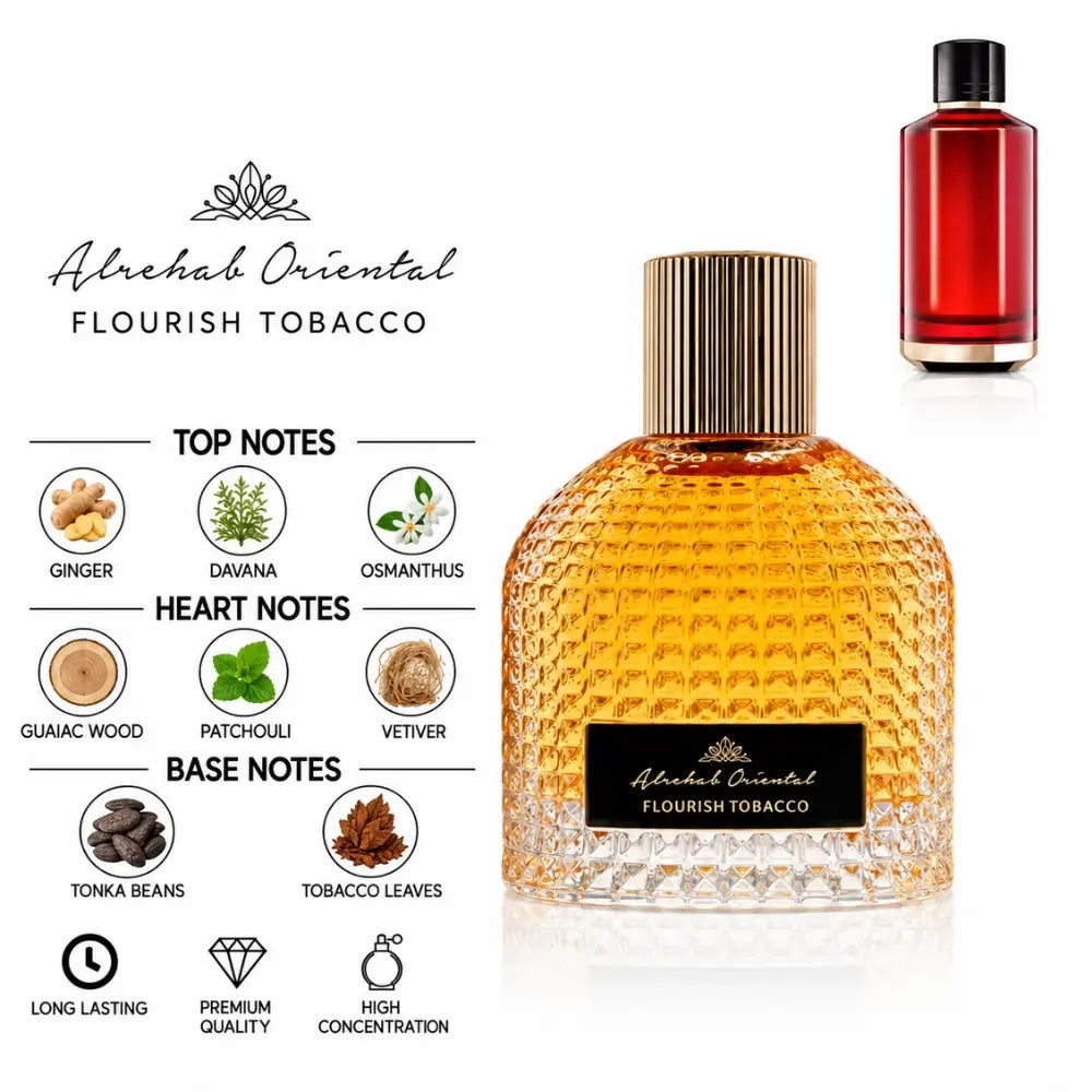 Flourish Tobacco Parfum by ALREHAB with Ginger, Davana, Osmanthus, Guaiac Wood, Patchouli, Vetiver, Tonka Bean and Tobacco Leaves Notes