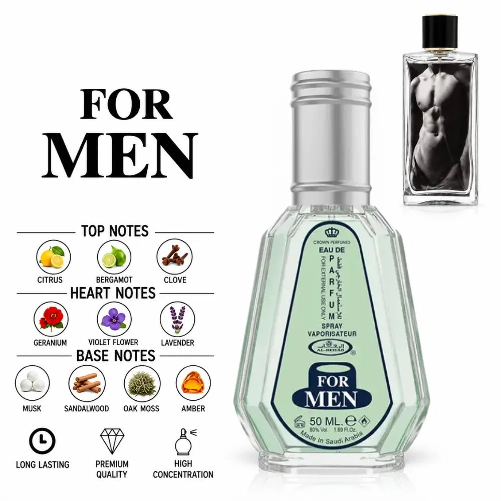 For Men Perfume by ALREHAB with Citrus, Bergamot, Clove, Geranium, Violet, Lavender, Musk, Sandalwood, Oak Moss and Amber