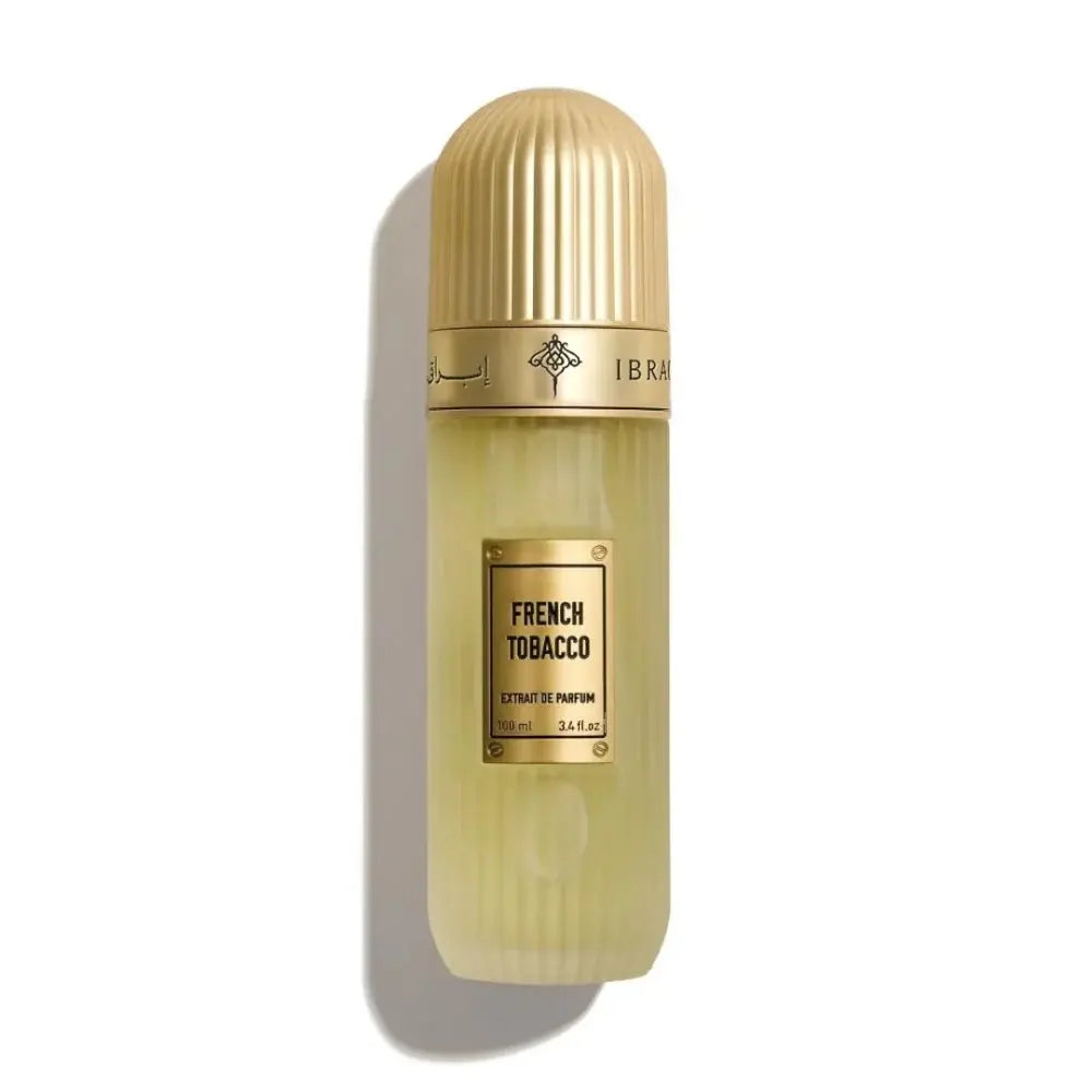 Perfume bottle labeled 'French Tobacco' by Ibraheem on a white background