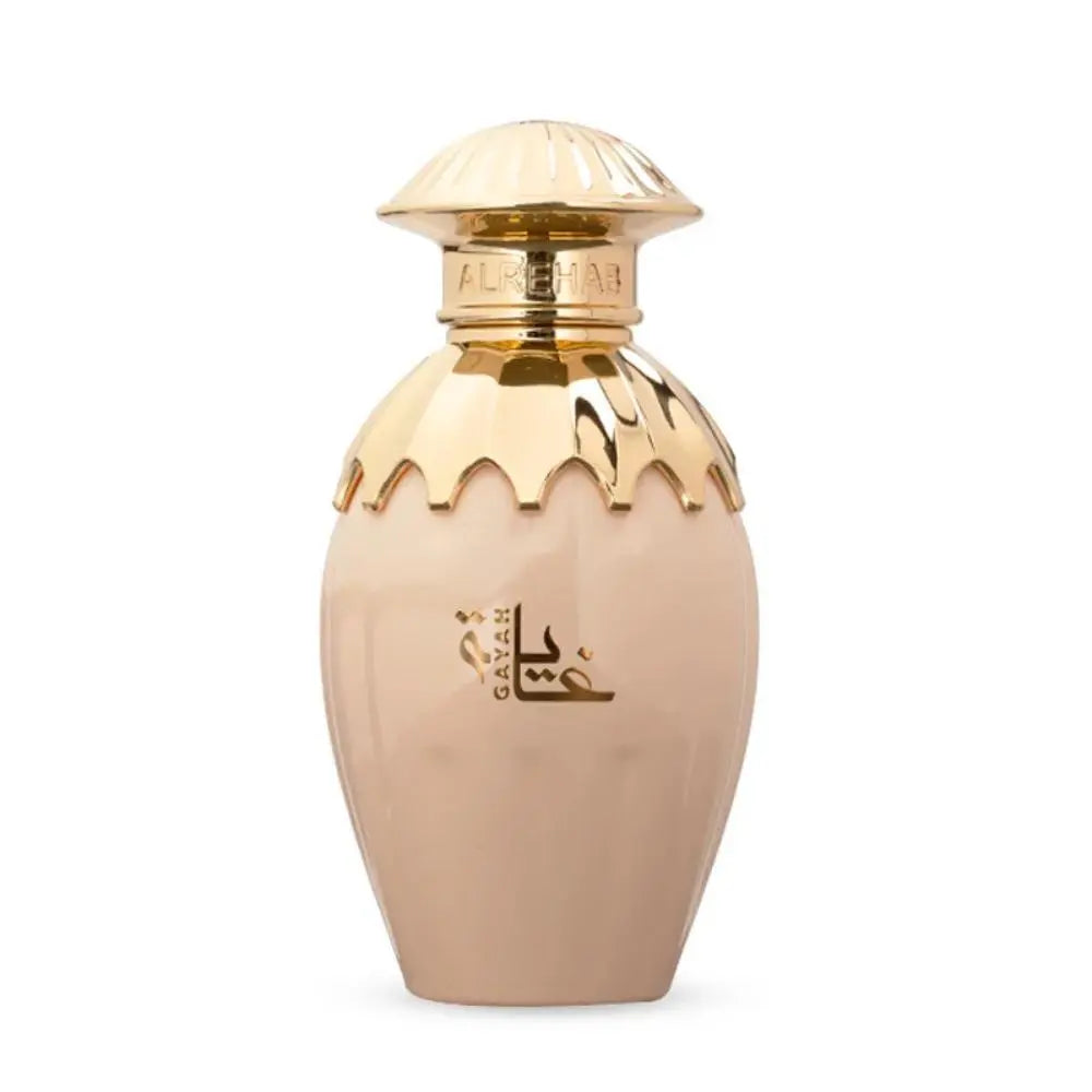 Gayah perfume bottle by ALREHAB in beige and gold on white background