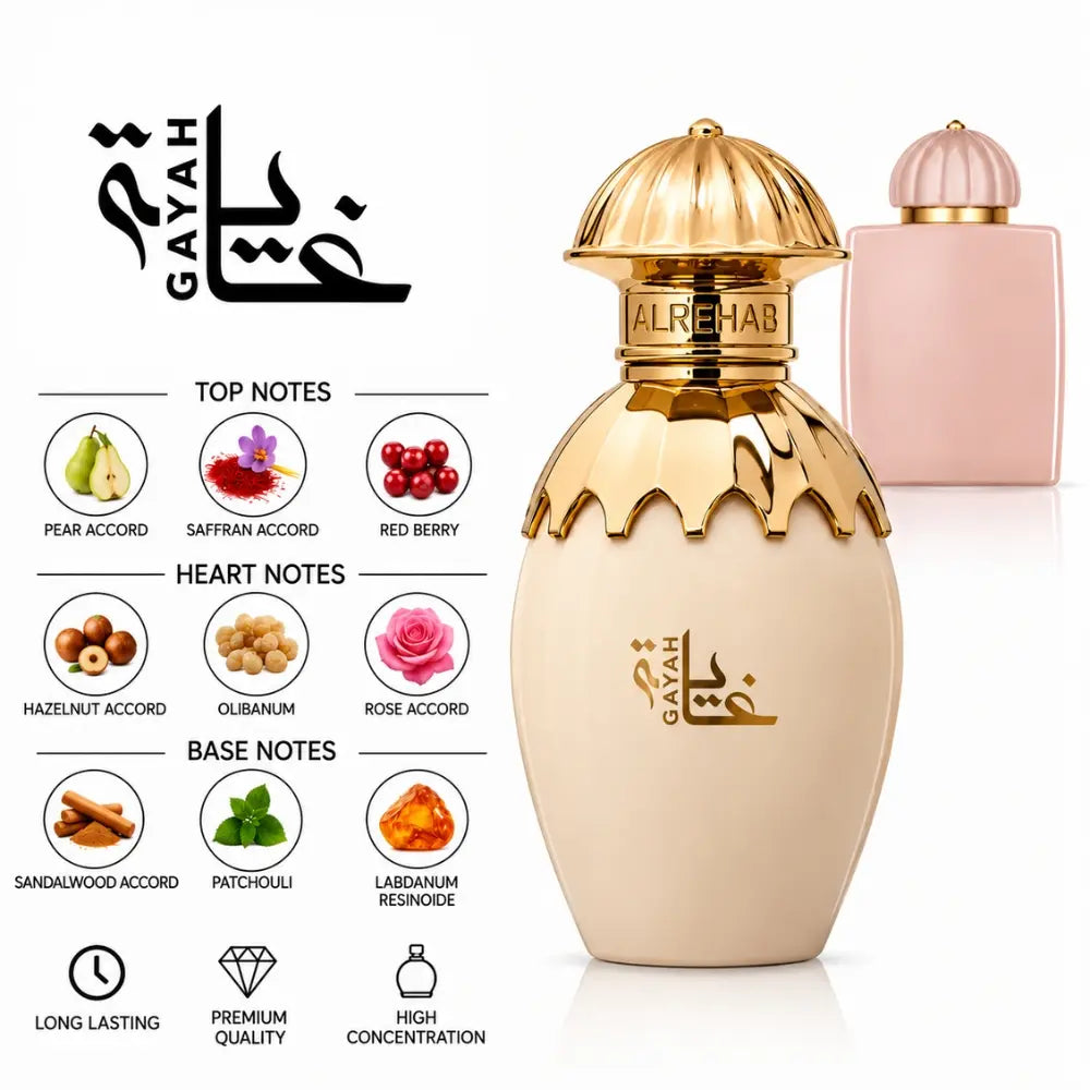 Gayah perfume with pear, saffron, red berry, hazelnut, rose, sandalwood, patchouli and labdanum notes