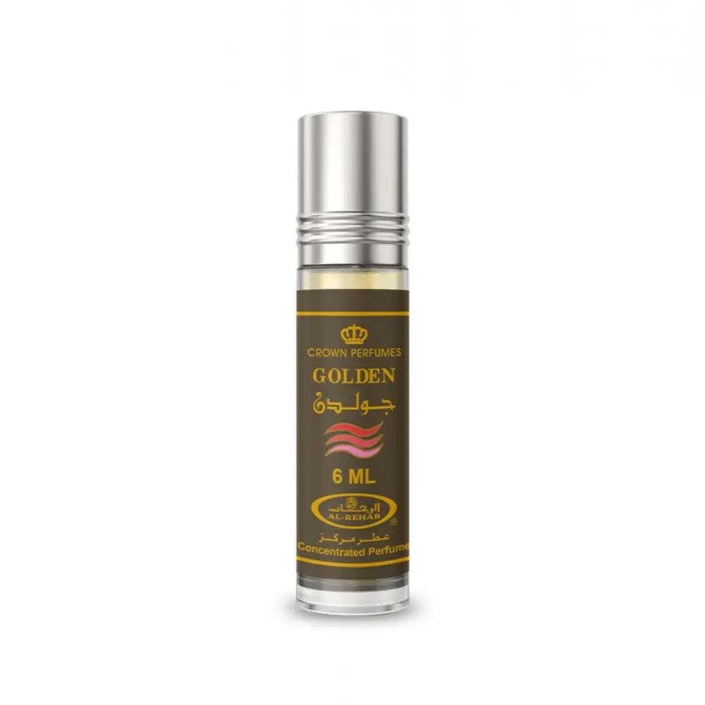 Golden 6 ml concentrated perfume oil by ALREHAB in a roll-on bottle.