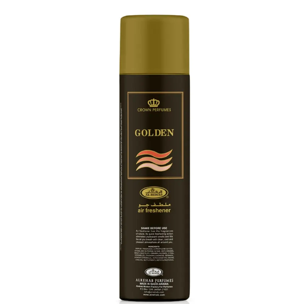 Golden air freshener spray by ALREHAB in a black and gold can.