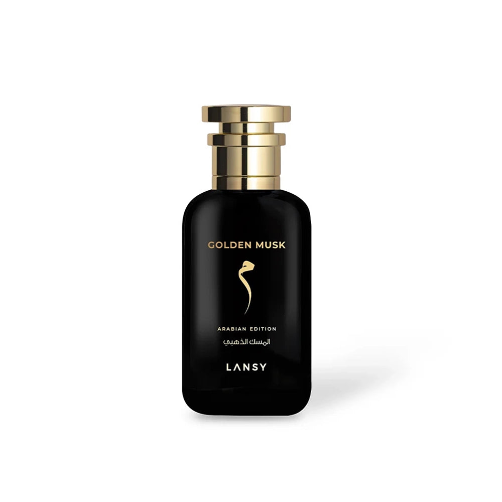 Golden Musk perfume by LANSY in black and gold bottle on white background