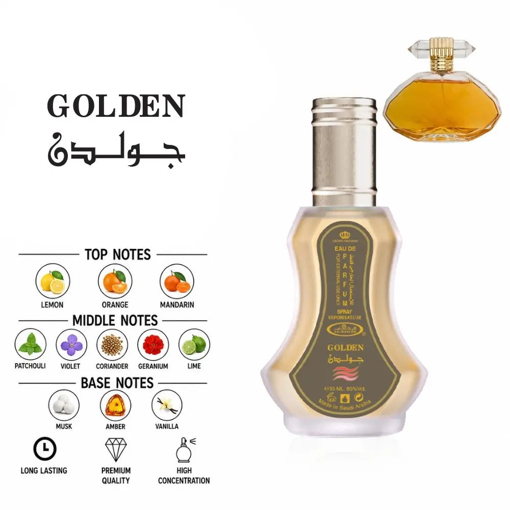 Golden Perfume by ALREHAB with citrus, floral, amber, musk and vanilla fragrance notes.