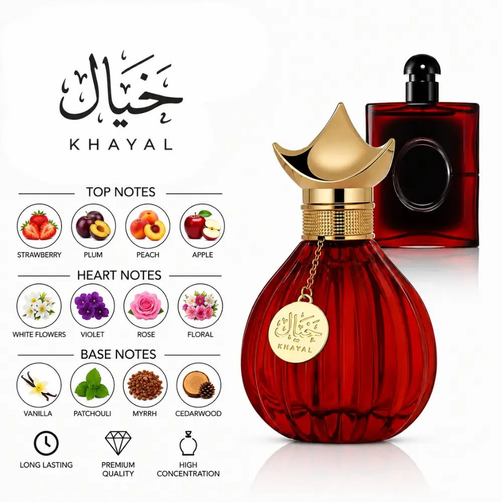 Khayal perfume with strawberry, plum, peach, apple, floral, vanilla, patchouli, myrrh and cedarwood notes